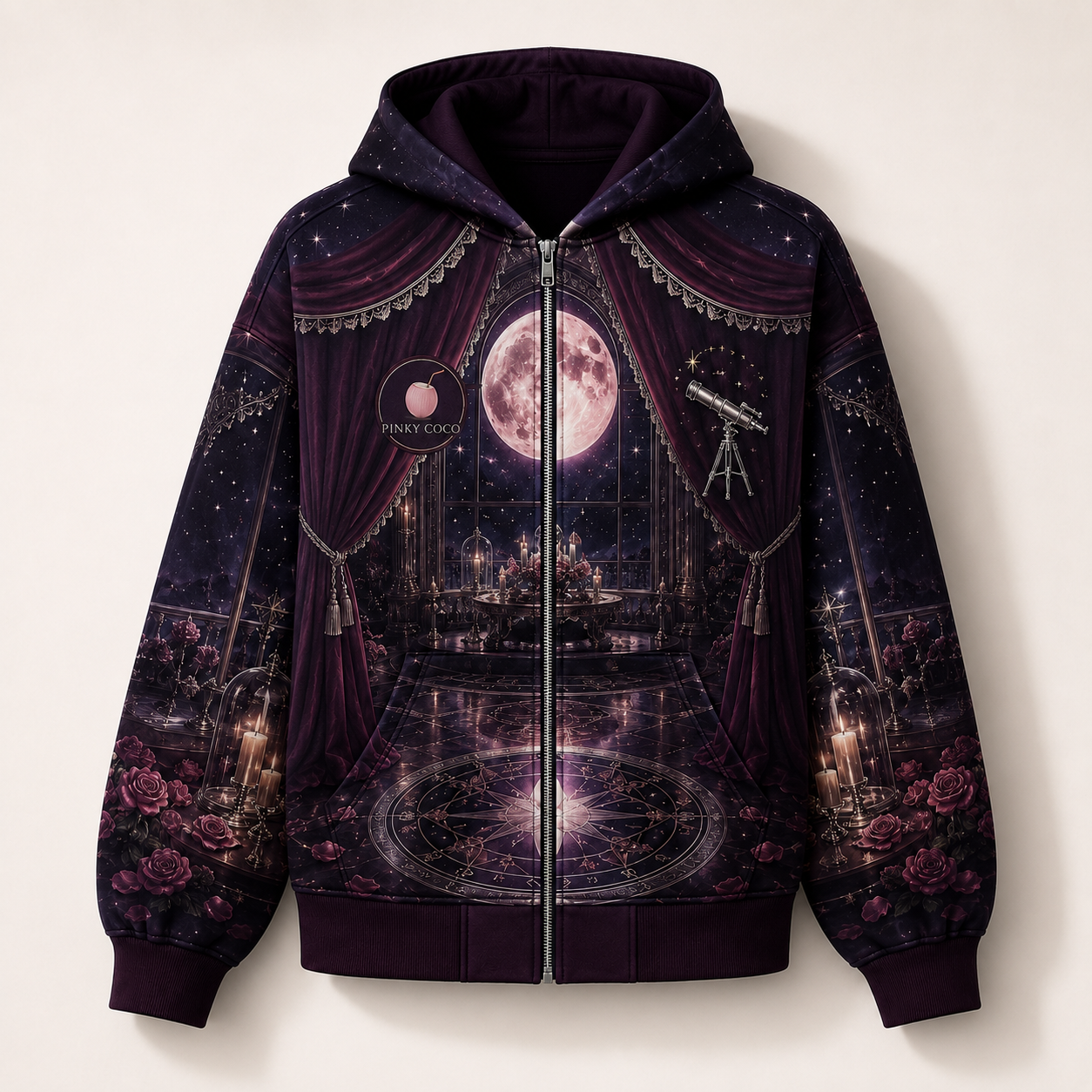 Detail of the hood, cuffs and stitching on the PinkyCoco Observatory hoodie