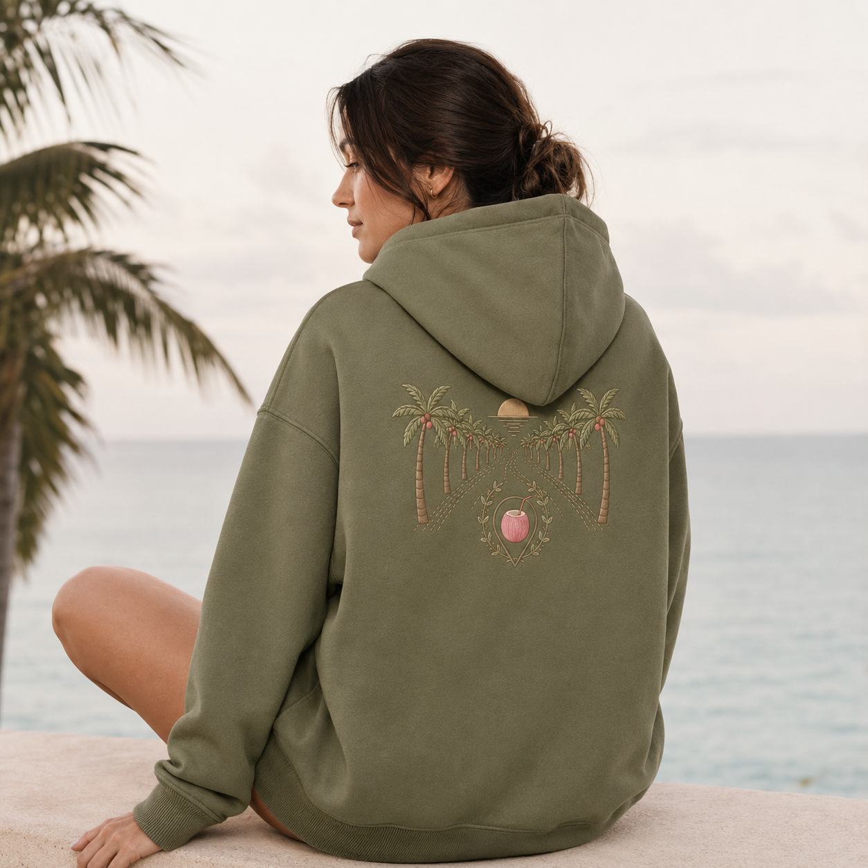 Detail of the hood, cuffs and stitching on the PinkyCoco Olive Coconut Coordinates hoodie