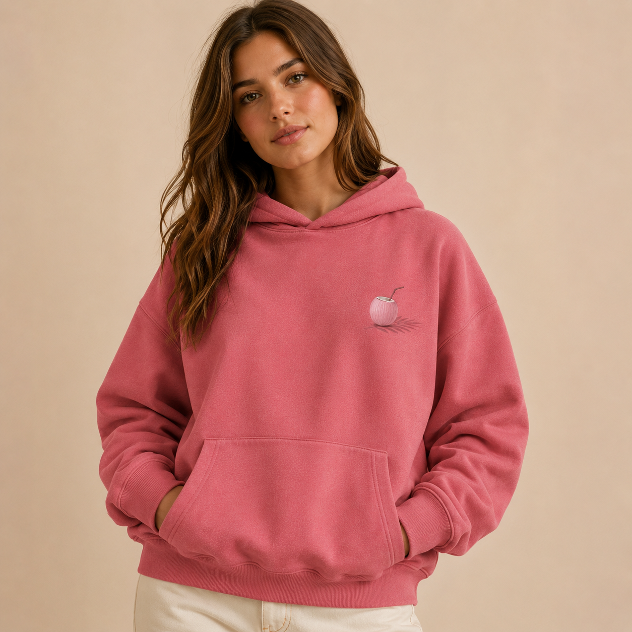 Detail of the hood, cuffs and stitching on the PinkyCoco Palm Shadows hoodie