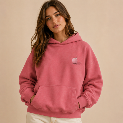 Detail of the hood, cuffs and stitching on the PinkyCoco Palm Shadows hoodie