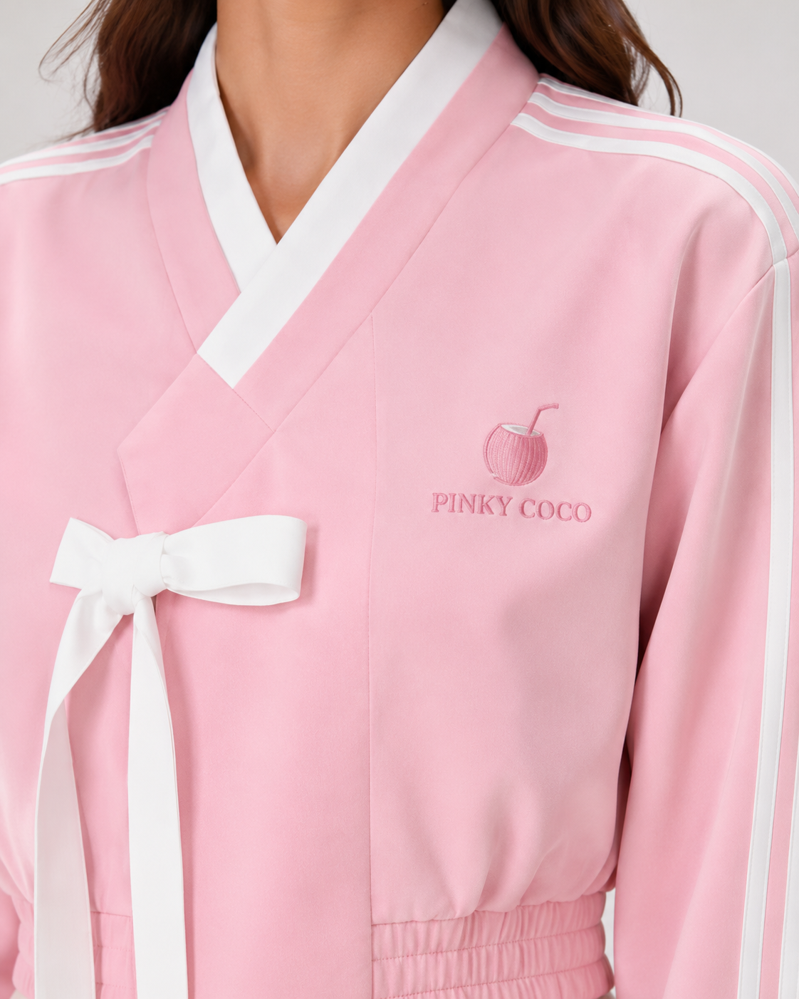 PinkyCoco Pink Striped Bow Women's Fashion Jacket, construction detail