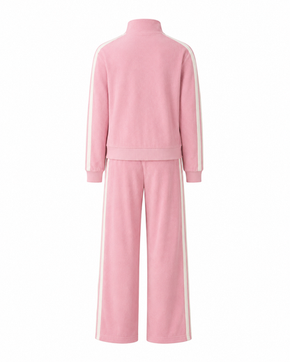 Fleece construction and stripe detail on the PinkyCoco Pink Whitestripe Coco Sets women's matching lounge set