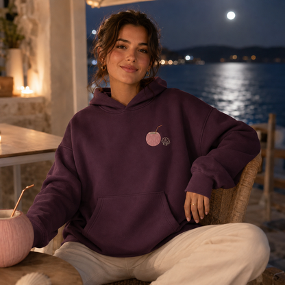 Detail of the hood, cuffs and stitching on the PinkyCoco Plum Zodiac Shell Night hoodie