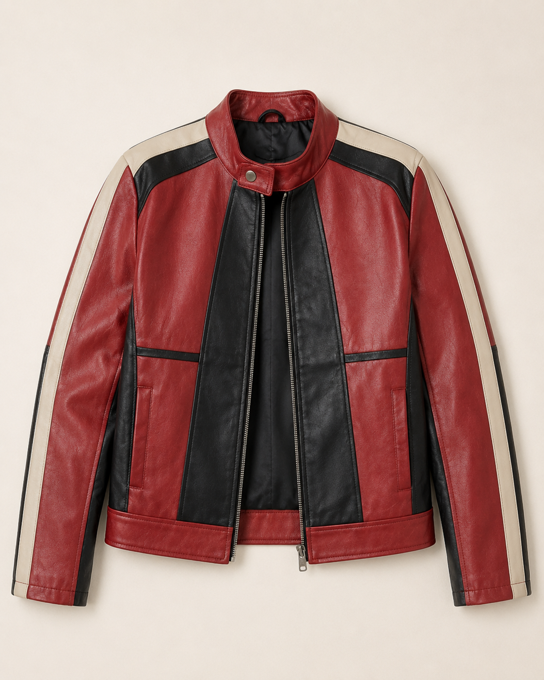 Construction detail of PinkyCoco Red Black Panel women's racing jacket