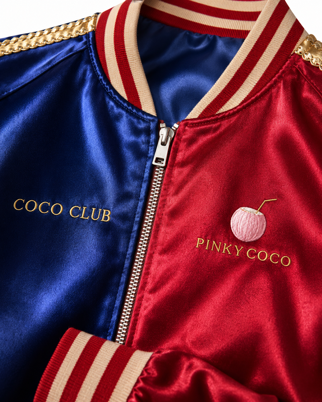 PinkyCoco Red Blue Coco Club Women's Satin Bomber Jacket, construction detail