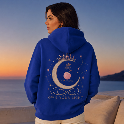 Detail of the hood, cuffs and stitching on the PinkyCoco Royal Crown Moon hoodie