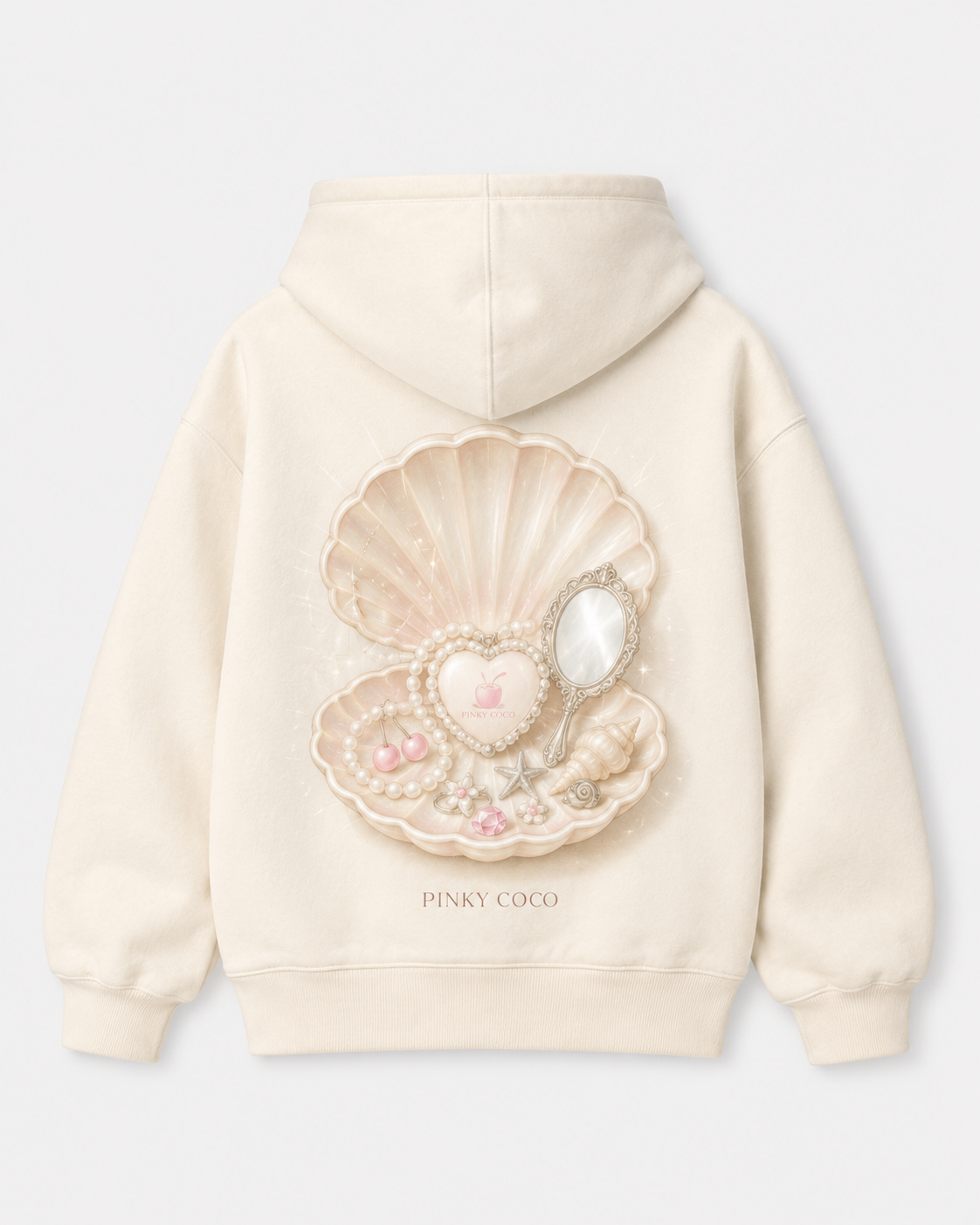 Detail of the hood, cuffs and stitching on the PinkyCoco Seashell Jewellery Box hoodie