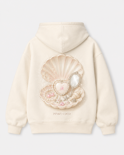 Detail of the hood, cuffs and stitching on the PinkyCoco Seashell Jewellery Box hoodie