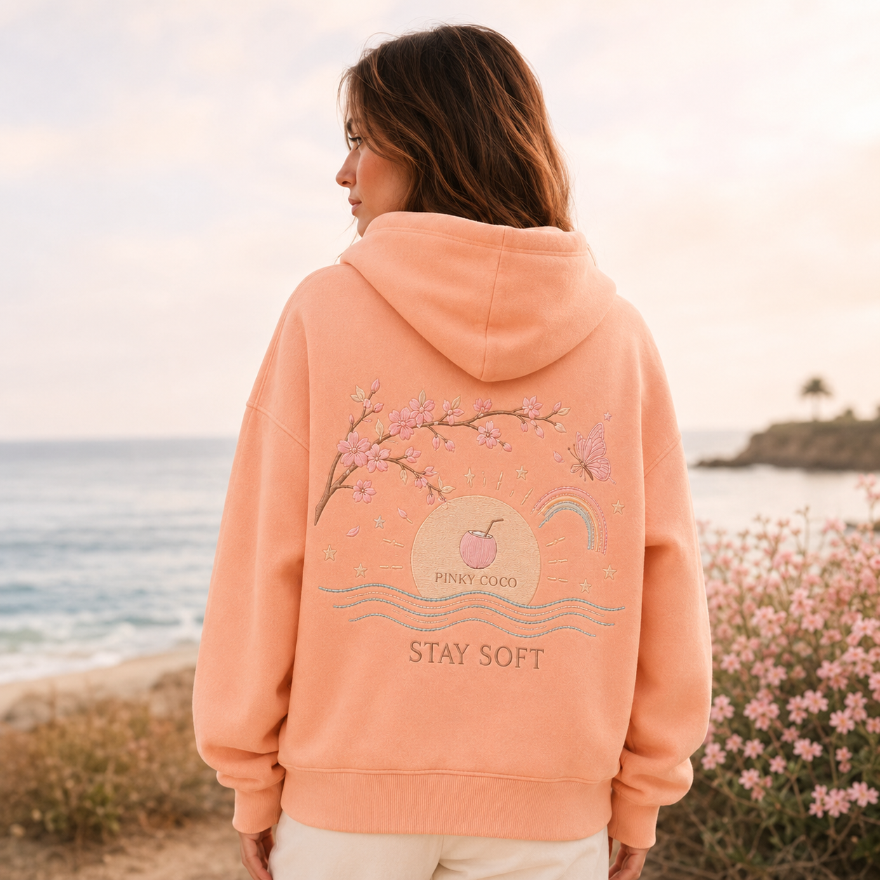 Detail of the hood, cuffs and stitching on the PinkyCoco Sun Kissed Blossom Beach hoodie