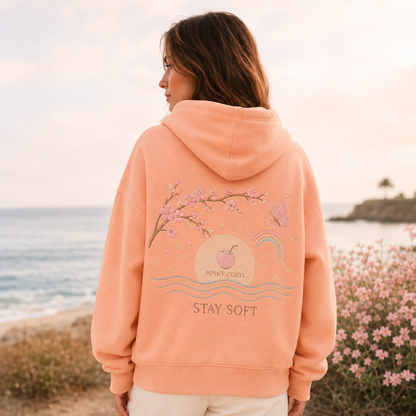 Detail of the hood, cuffs and stitching on the PinkyCoco Sun Kissed Blossom Beach hoodie