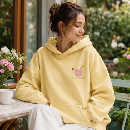 Detail of the hood, cuffs and stitching on the PinkyCoco Sunflower Good Vibes Morning hoodie
