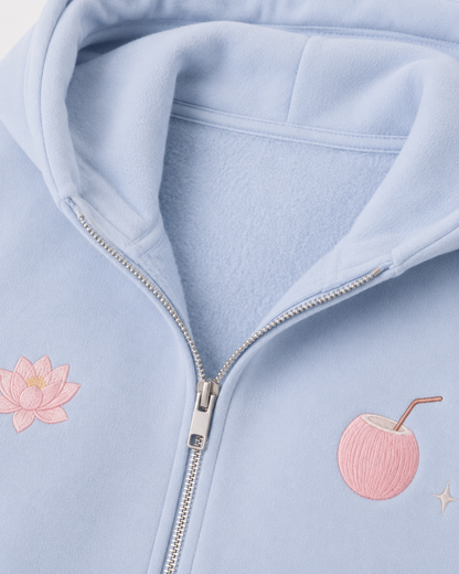 Detail of the hood, cuffs and stitching on the PinkyCoco Swan Lake hoodie
