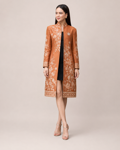 PinkyCoco Terracotta Floral Women's Statement Coat, construction detail