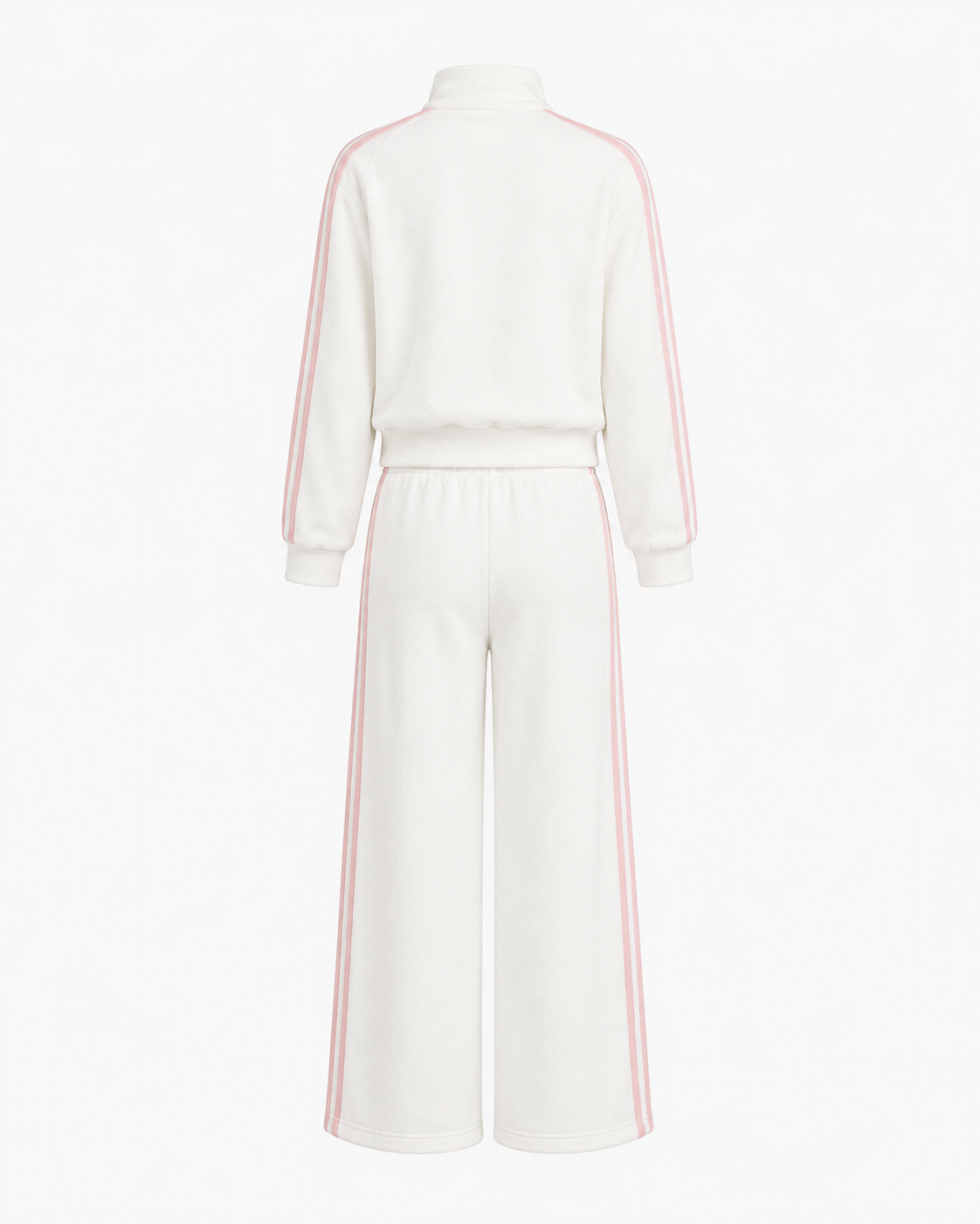 Fleece construction and stripe detail on the PinkyCoco White Pinkstripe Coco women's matching lounge set