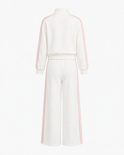 Fleece construction and stripe detail on the PinkyCoco White Pinkstripe Coco women's matching lounge set