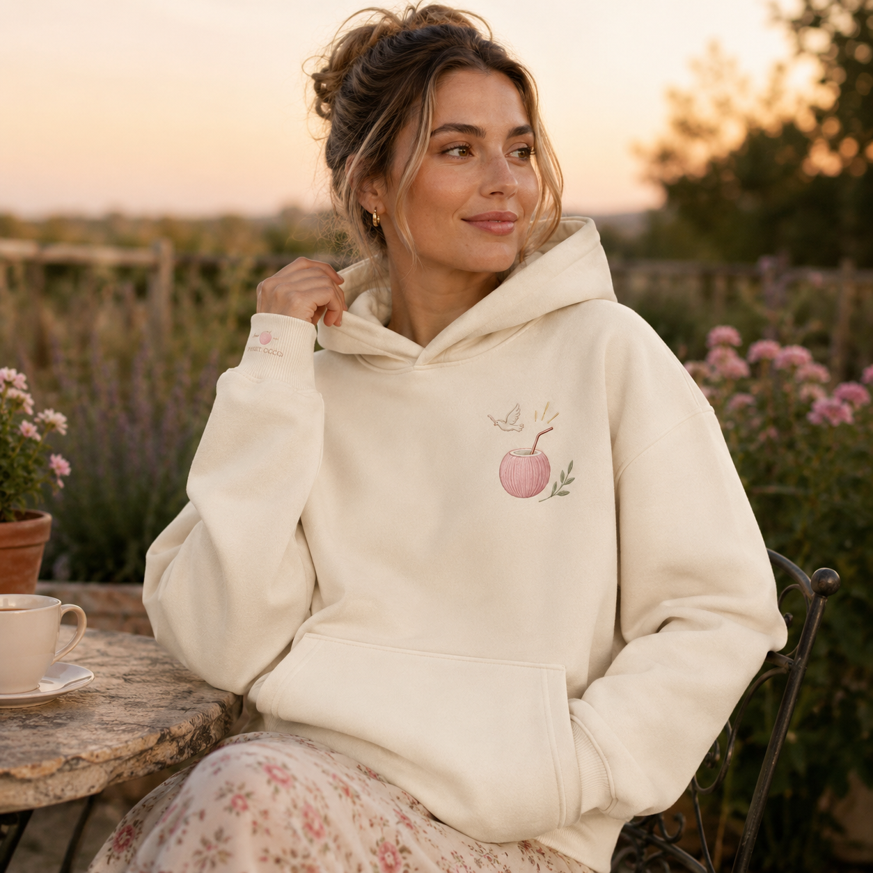 Detail of the hood, cuffs and stitching on the PinkyCoco Wildflower Sunrise hoodie