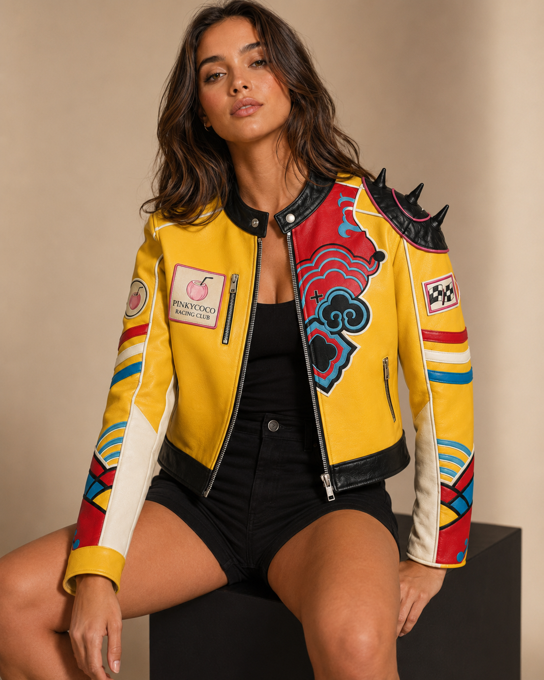 Construction detail of PinkyCoco Yellow Pop Spiked women's racing jacket