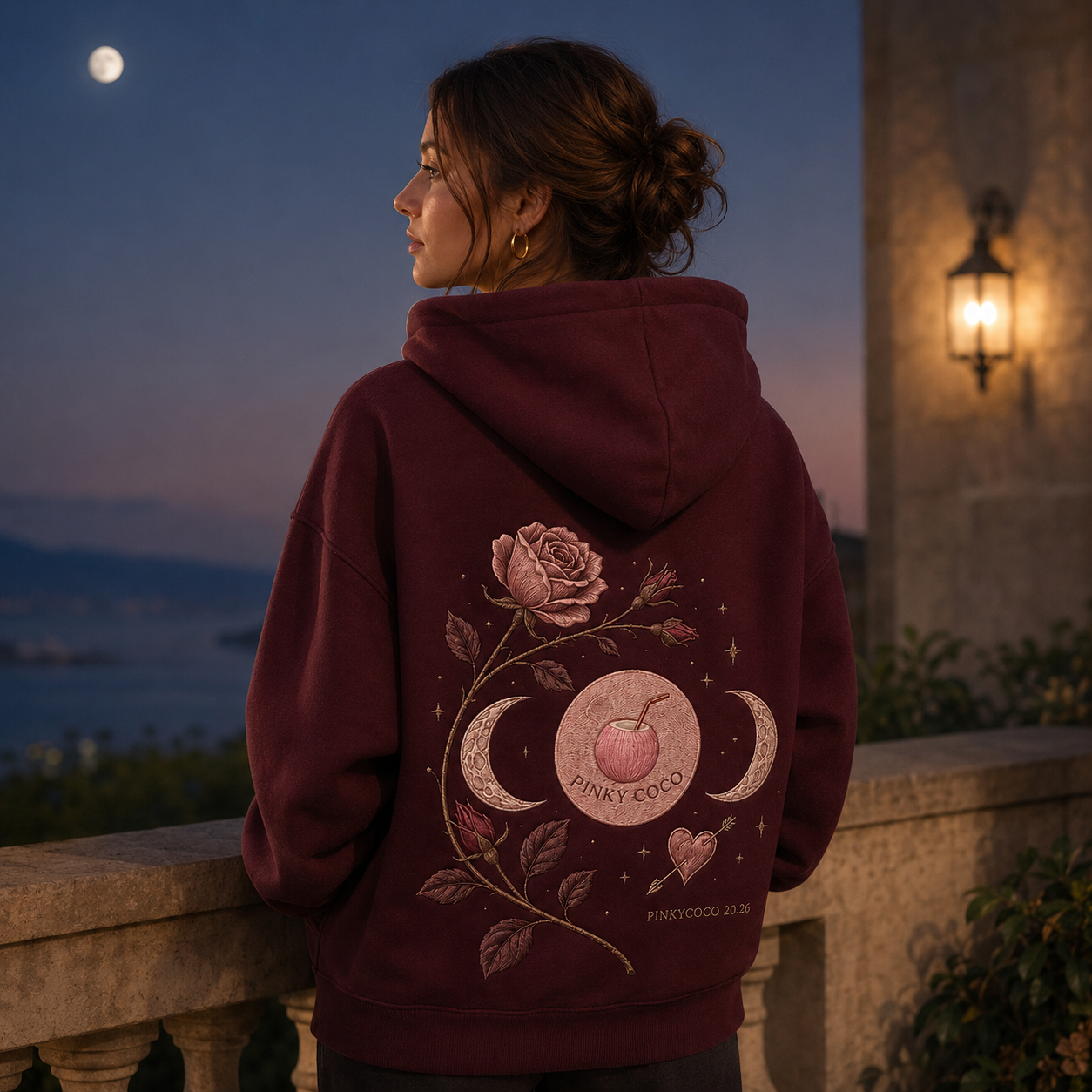 Additional view of the PinkyCoco Burgundy Rose Moon women's hoodie