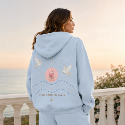 Additional view of the PinkyCoco Dove Over Powder Tide women's hoodie