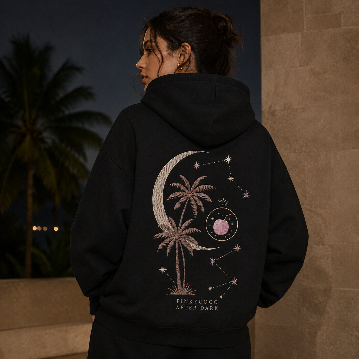 Additional view of the PinkyCoco Midnight Palm Constellation women's hoodie
