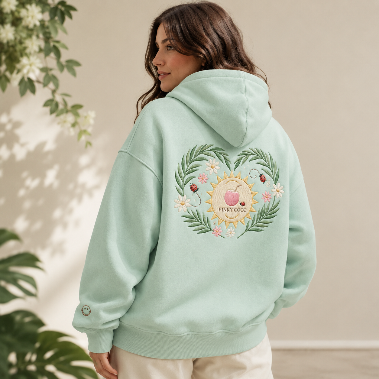 Additional view of the PinkyCoco Mint Ladybug Palm Garden women's hoodie