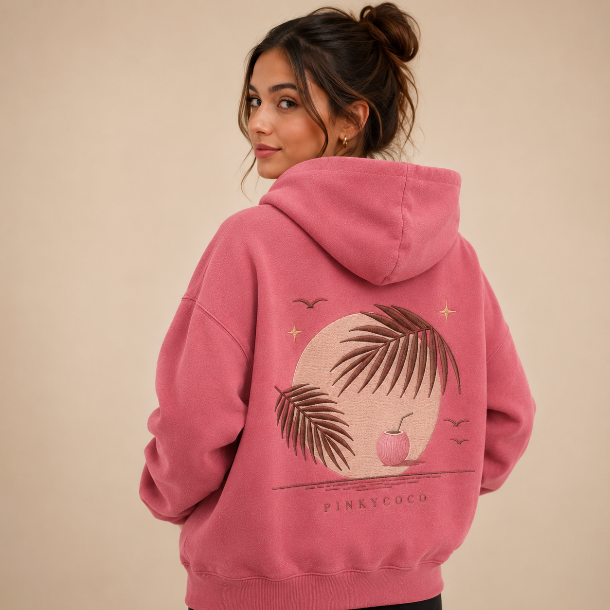 Additional view of the PinkyCoco Palm Shadows women's hoodie