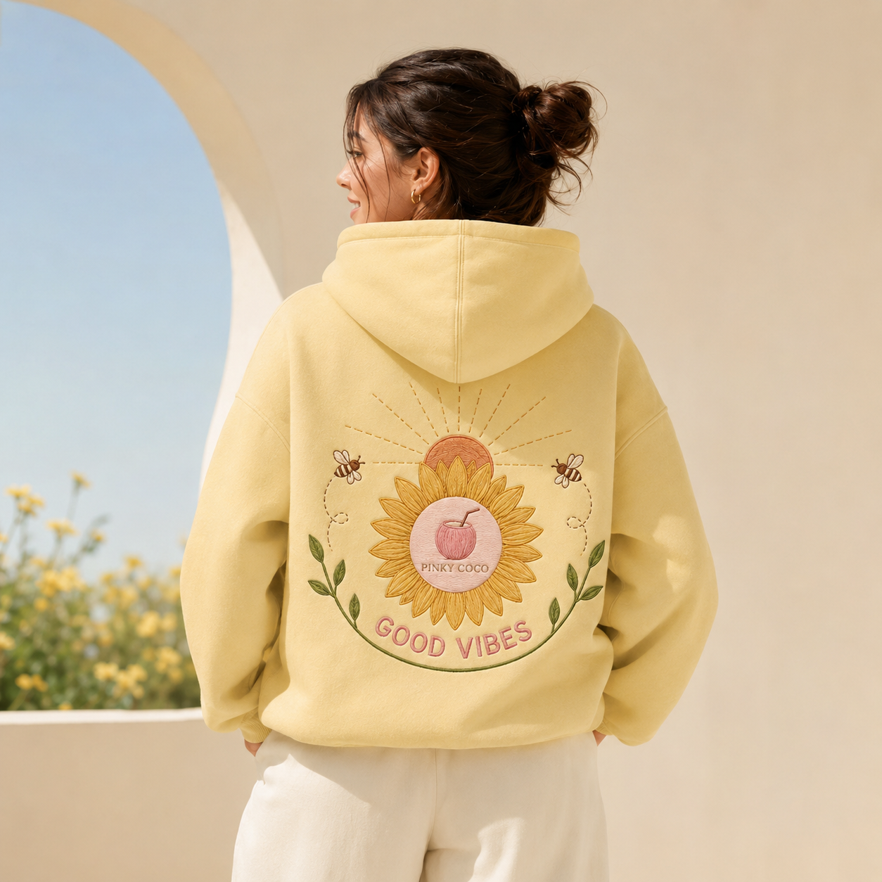 Additional view of the PinkyCoco Sunflower Good Vibes Morning women's hoodie