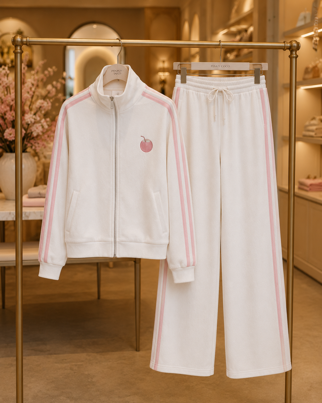 Additional view of the PinkyCoco White Pinkstripe Coco women's matching fleece lounge set