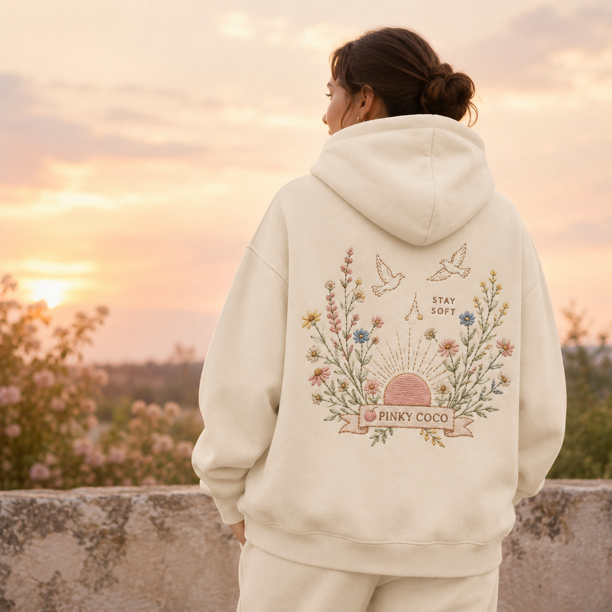 Additional view of the PinkyCoco Wildflower Sunrise women's hoodie