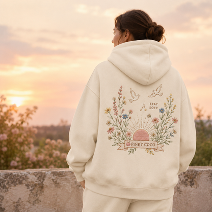 Additional view of the PinkyCoco Wildflower Sunrise women's hoodie