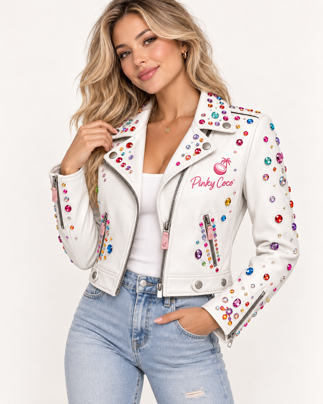 White gem embellished sheepskin leather moto jacket sizes XS to 5XL