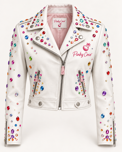 Women's whimsy rhinestone sheepskin leather jacket in white