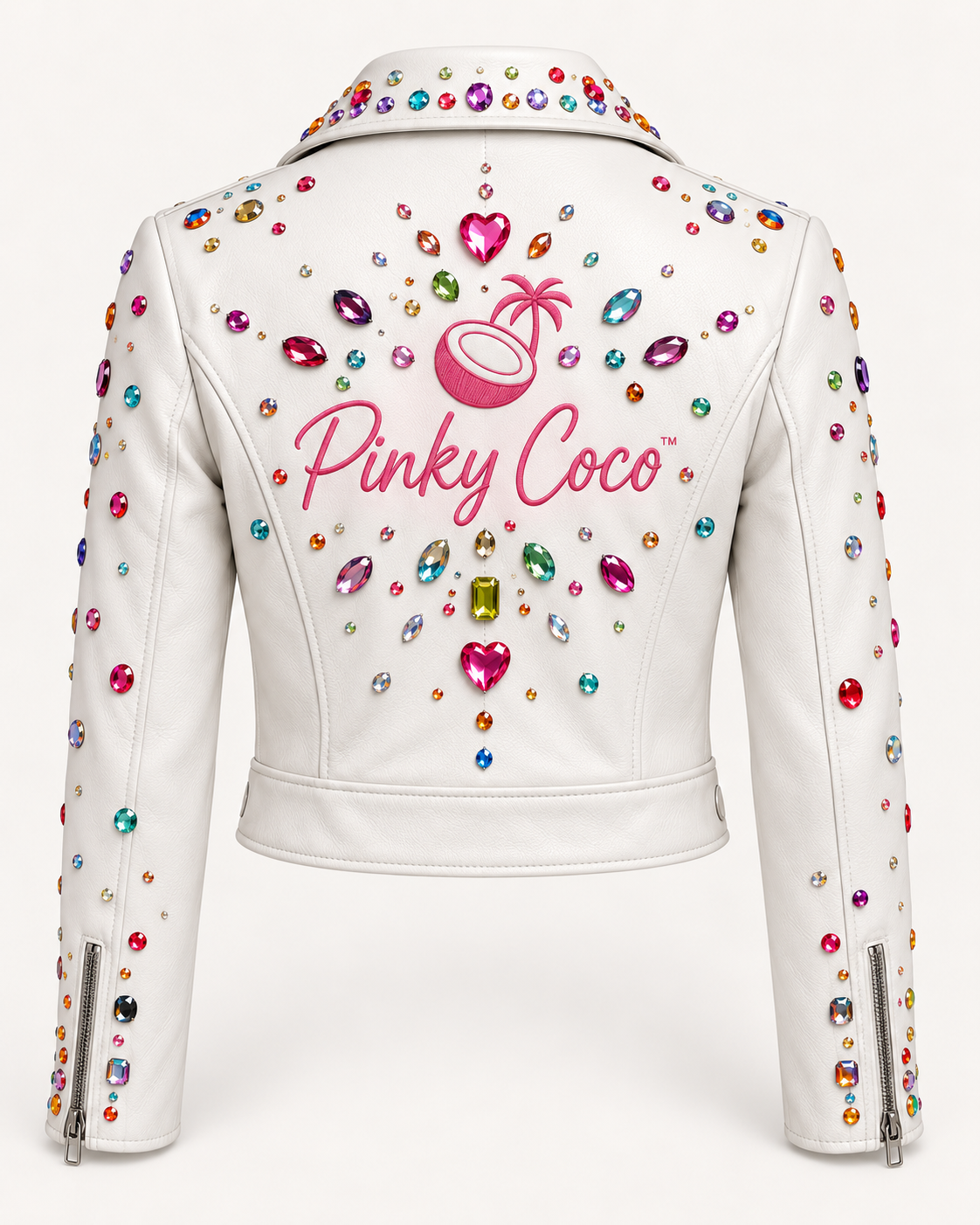 PinkyCoco whimsy gem moto jacket in white sheepskin leather