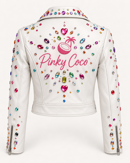 PinkyCoco whimsy gem moto jacket in white sheepskin leather