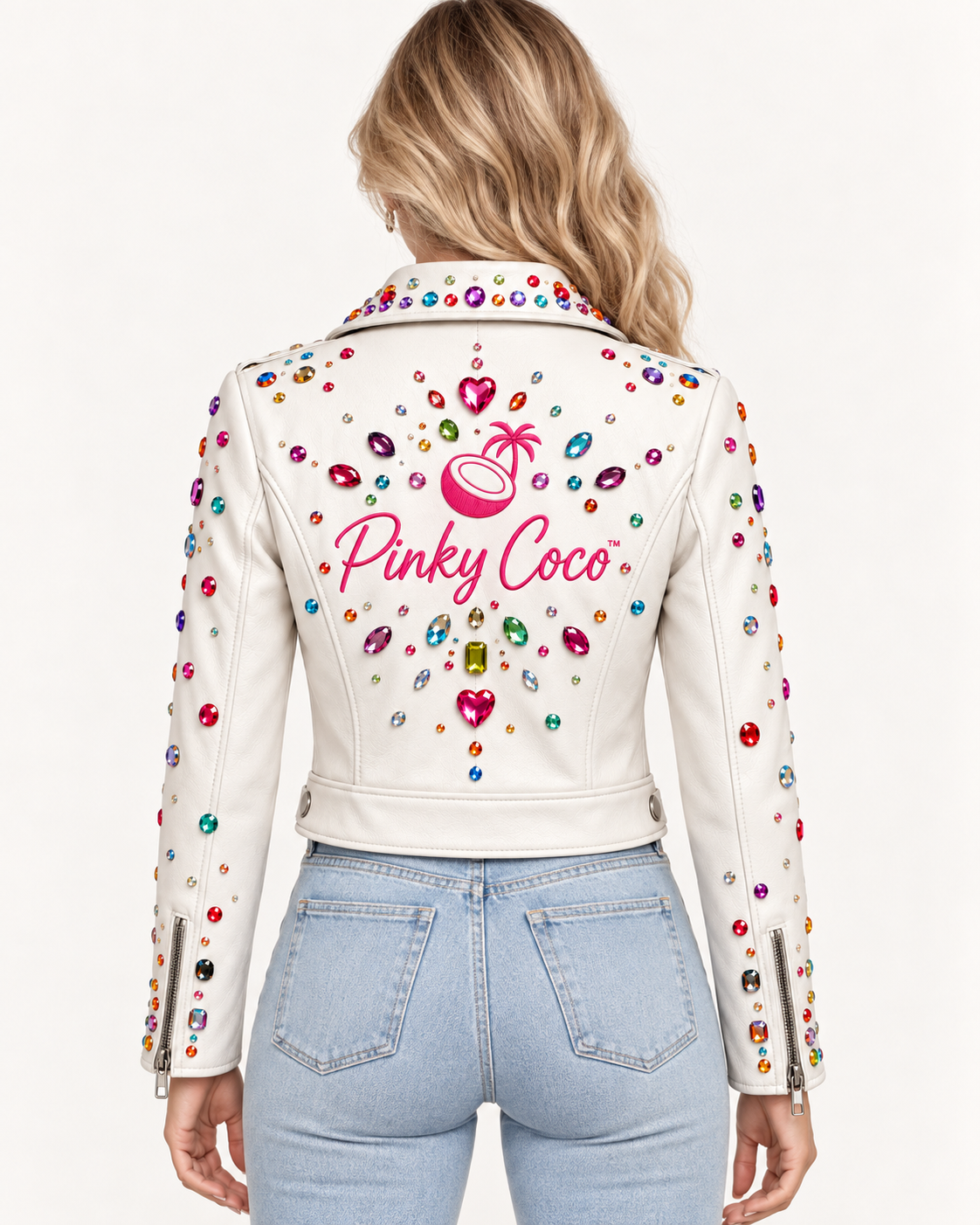 PinkyCoco white leather moto jacket with rhinestone detailing