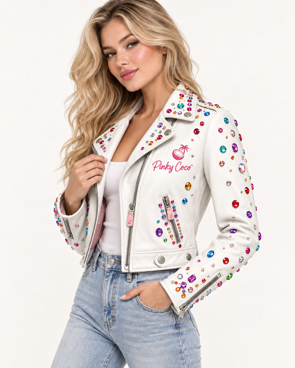 White rhinestone leather biker jacket for women by PinkyCoco