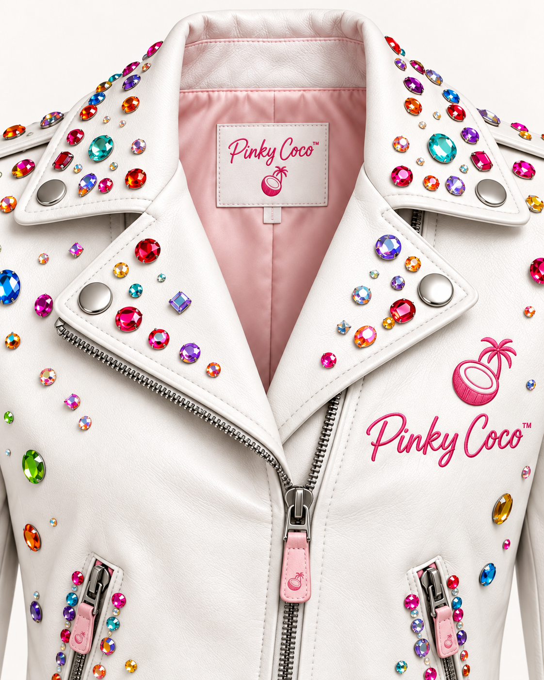 Colorful gem embellished white sheepskin leather statement jacket
