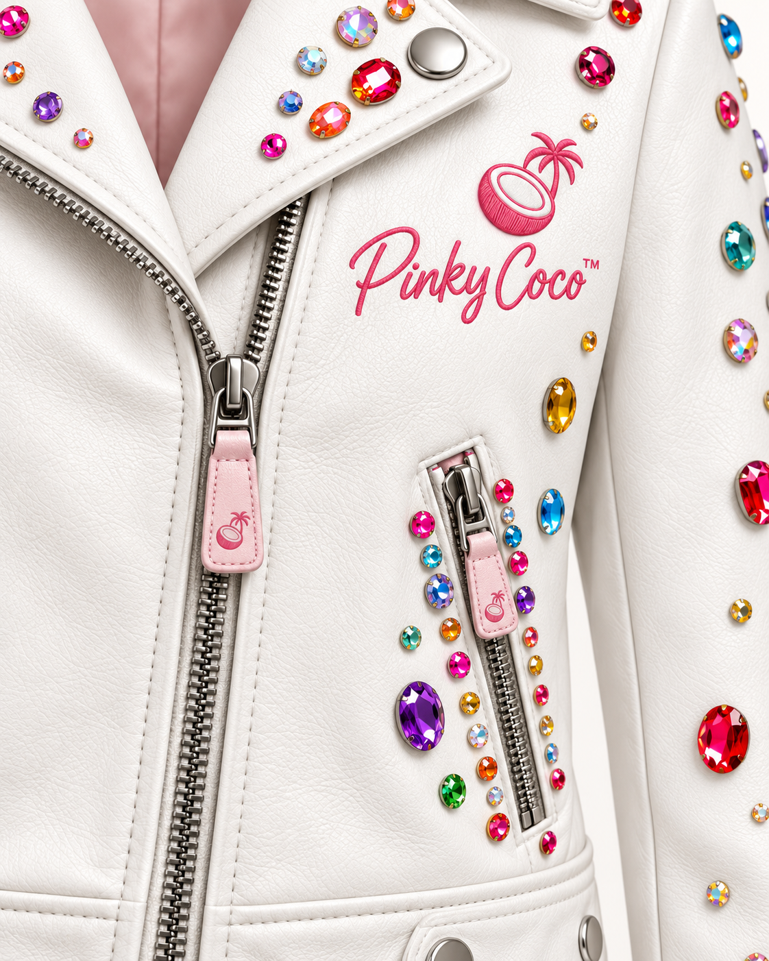 Women's white sheepskin leather jacket with colorful rhinestone gem embellishments