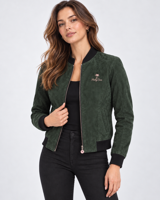 PinkyCoco forest green women's suede bomber jacket - product view 1