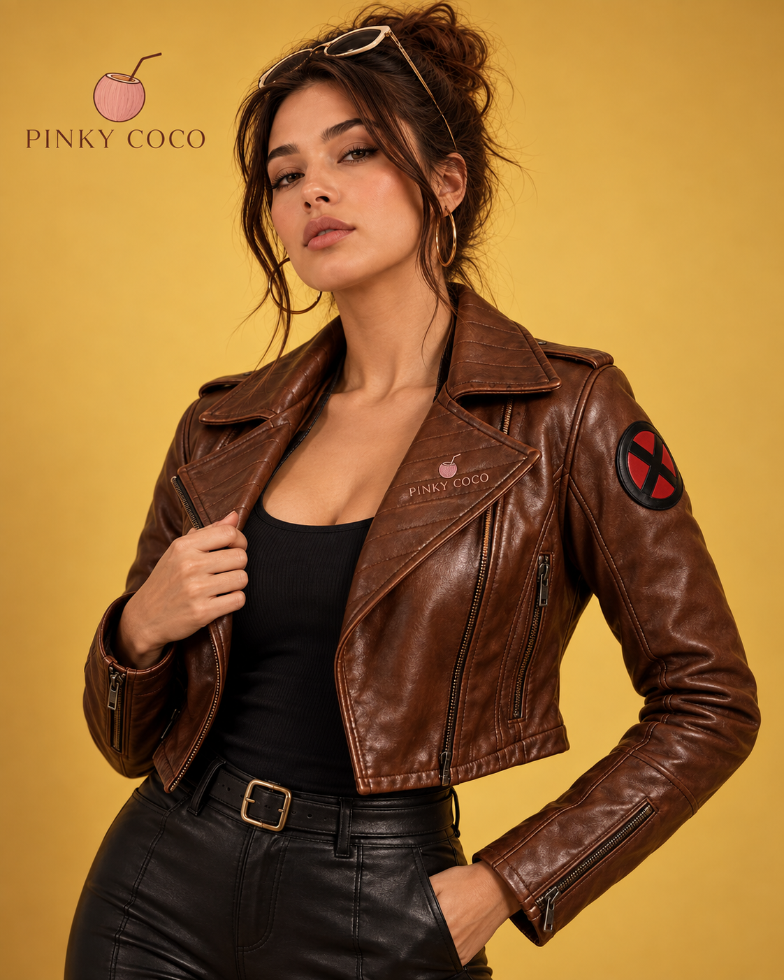 PinkyCoco 97 Rebel women's brown leather jacket three-quarter front view