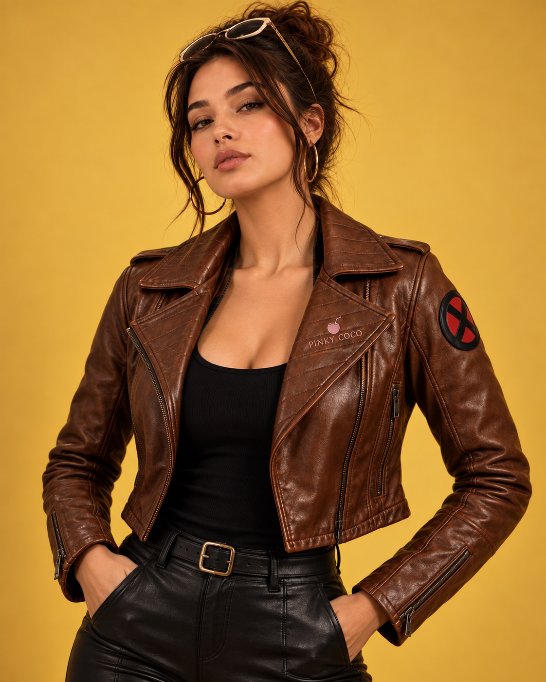 PinkyCoco 97 Rebel brown cropped leather jacket straight front view