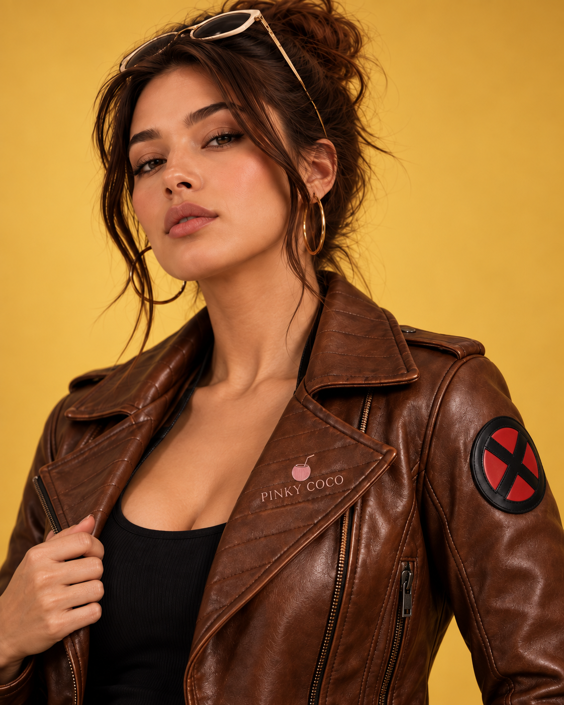 PinkyCoco 97 Rebel brown leather jacket collar and sleeve patch detail