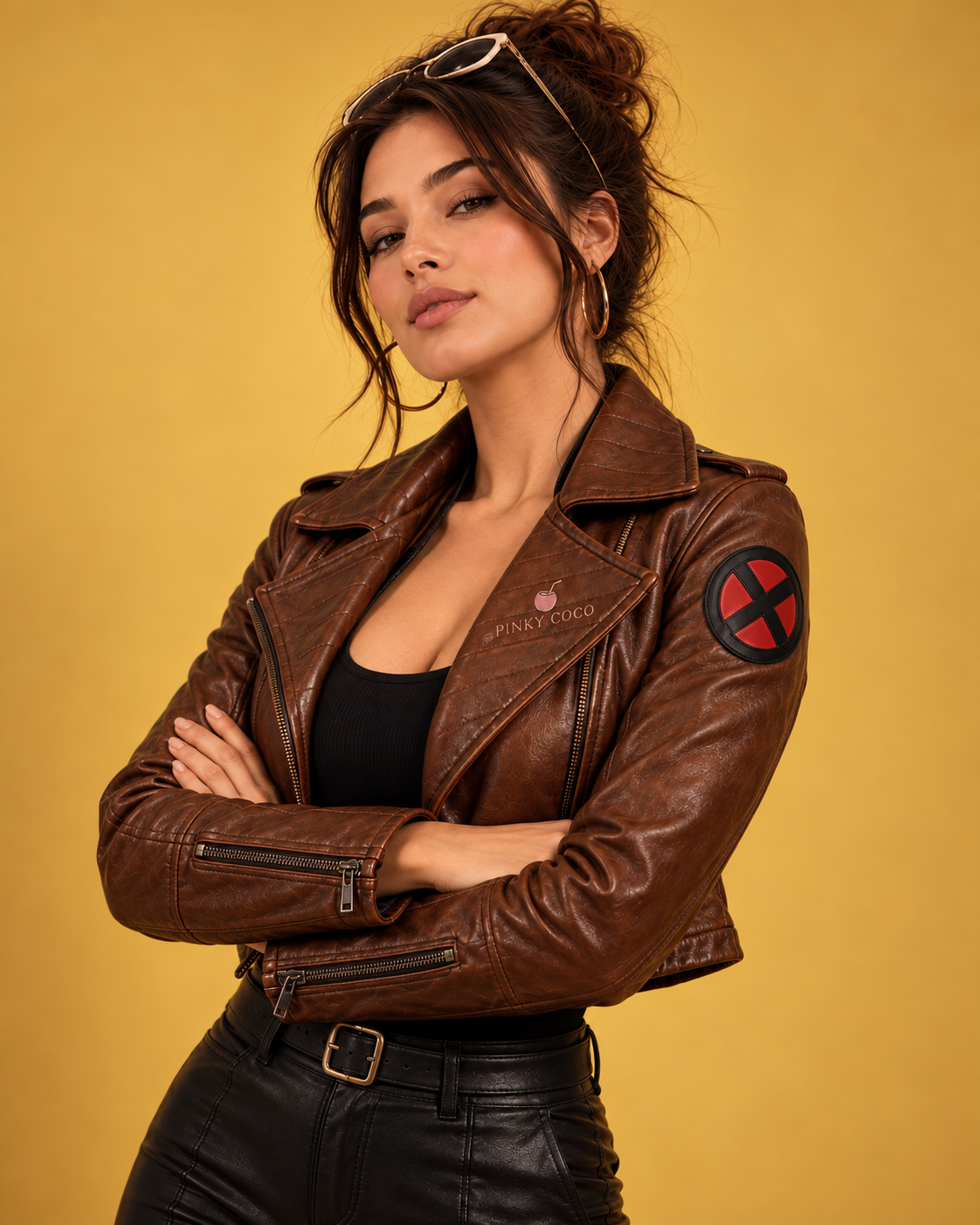 PinkyCoco 97 Rebel cropped leather jacket crossed-arms styling view