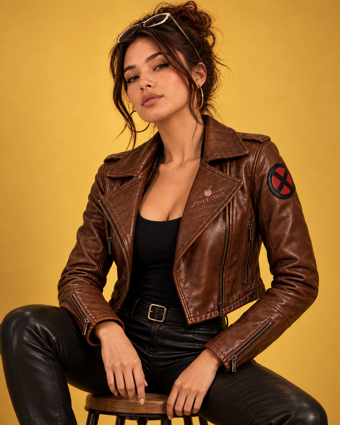 PinkyCoco 97 Rebel women's brown leather jacket seated lifestyle view