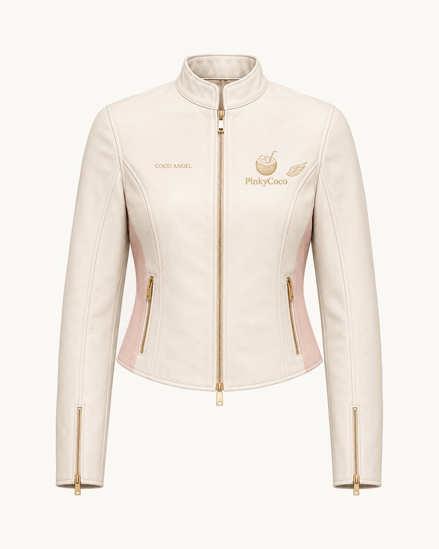 PinkyCoco Angel Wing Pearl Women's Leather Fashion Jacket, front thumbnail on warm ivory background