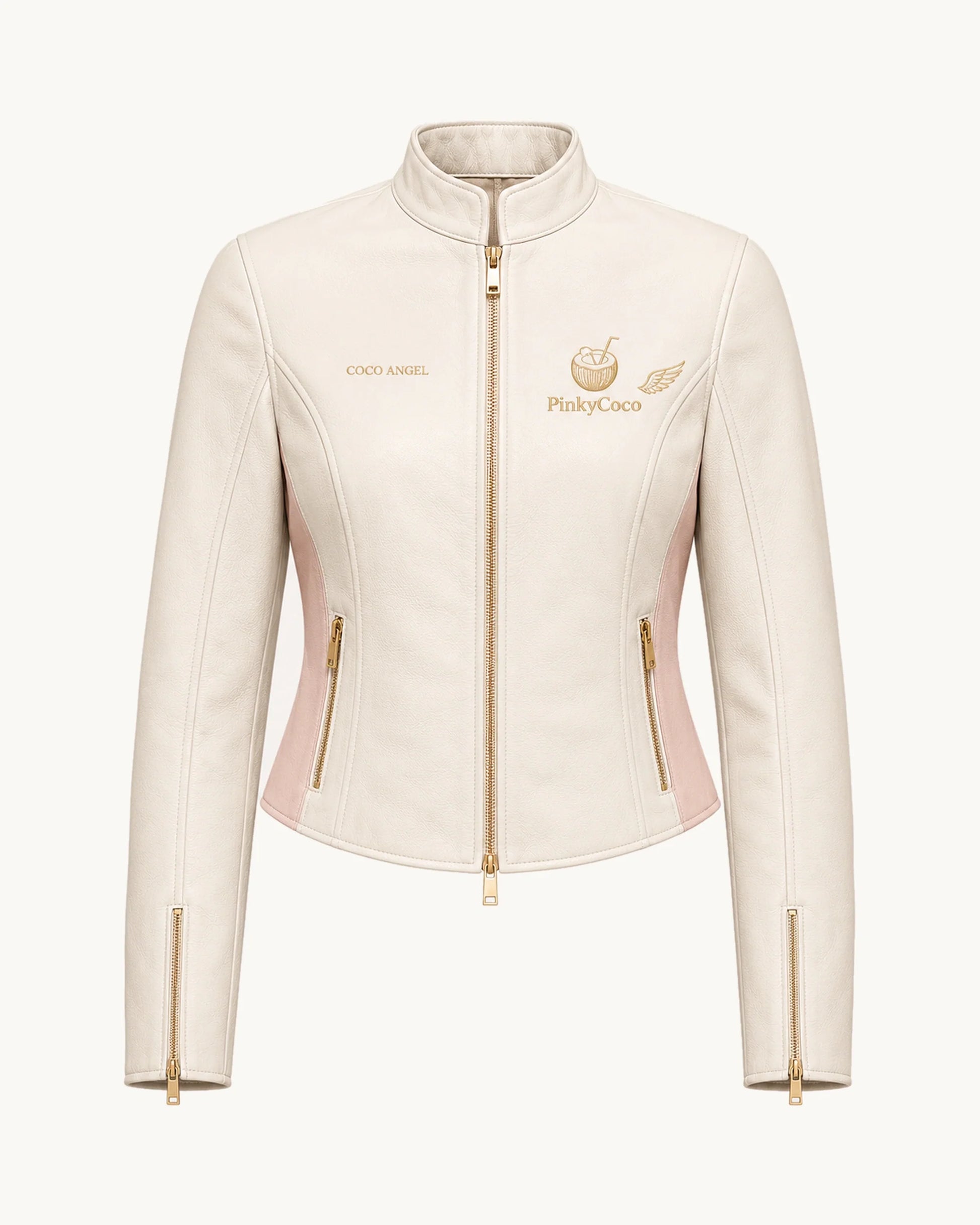 PinkyCoco Angel Wing Pearl Women's Leather Fashion Jacket, front thumbnail on warm ivory background