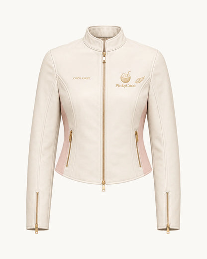 PinkyCoco Angel Wing Pearl Women's Leather Fashion Jacket, front thumbnail on warm ivory background