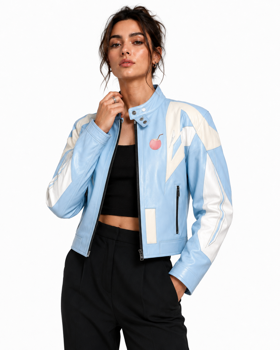 PinkyCoco Baby Blue Retro women's Y2K racing jacket front model view