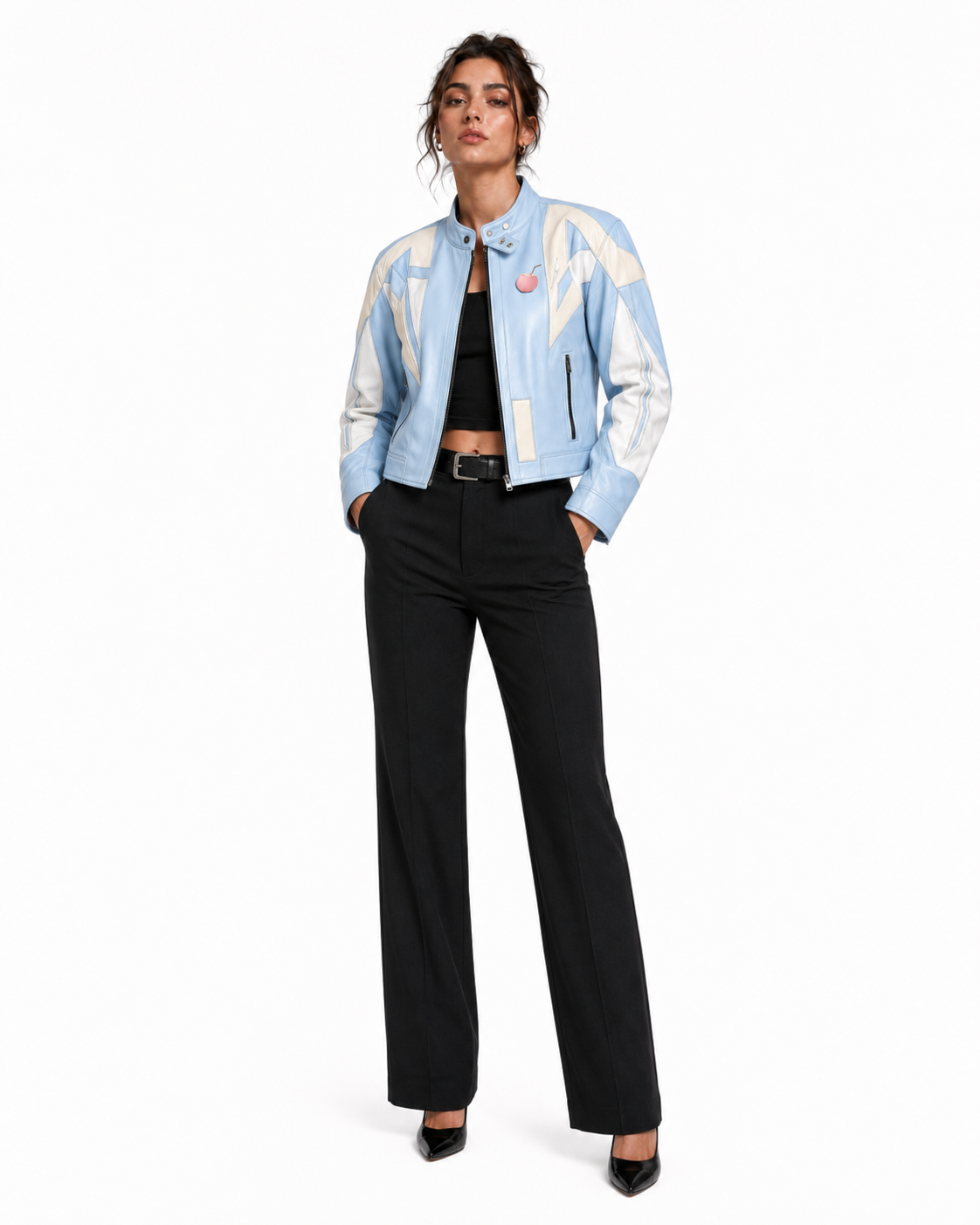 PinkyCoco Baby Blue Retro women's racing jacket full-length front styling