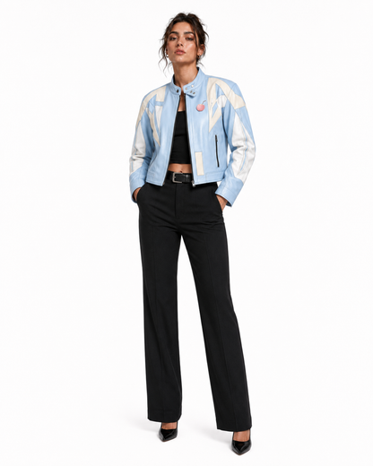 PinkyCoco Baby Blue Retro women's racing jacket full-length front styling